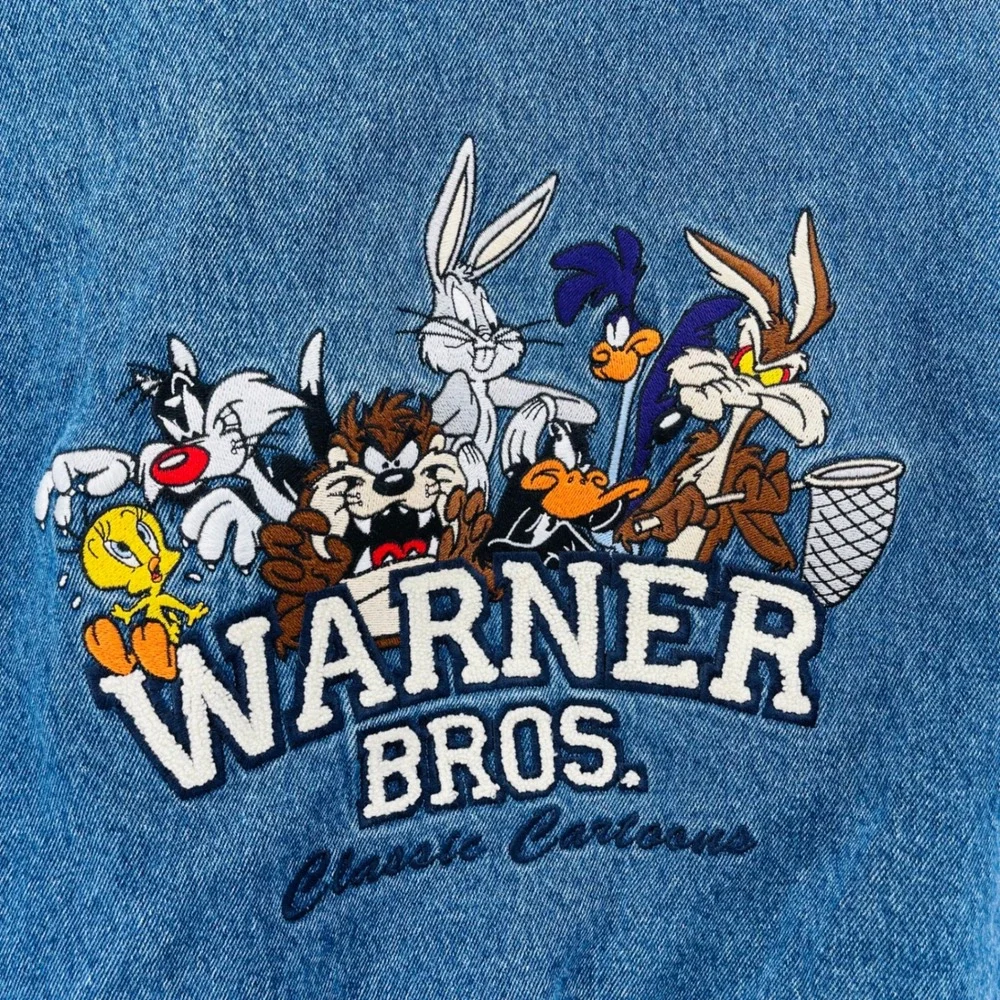Warner Bros. 90s Vintage Jacket Mens Large Blue Denim Varsity Looney Tunes VTG